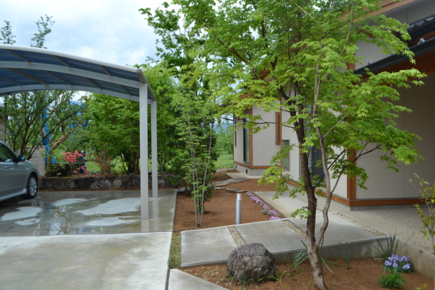 玄関のカーポートと雑木の庭